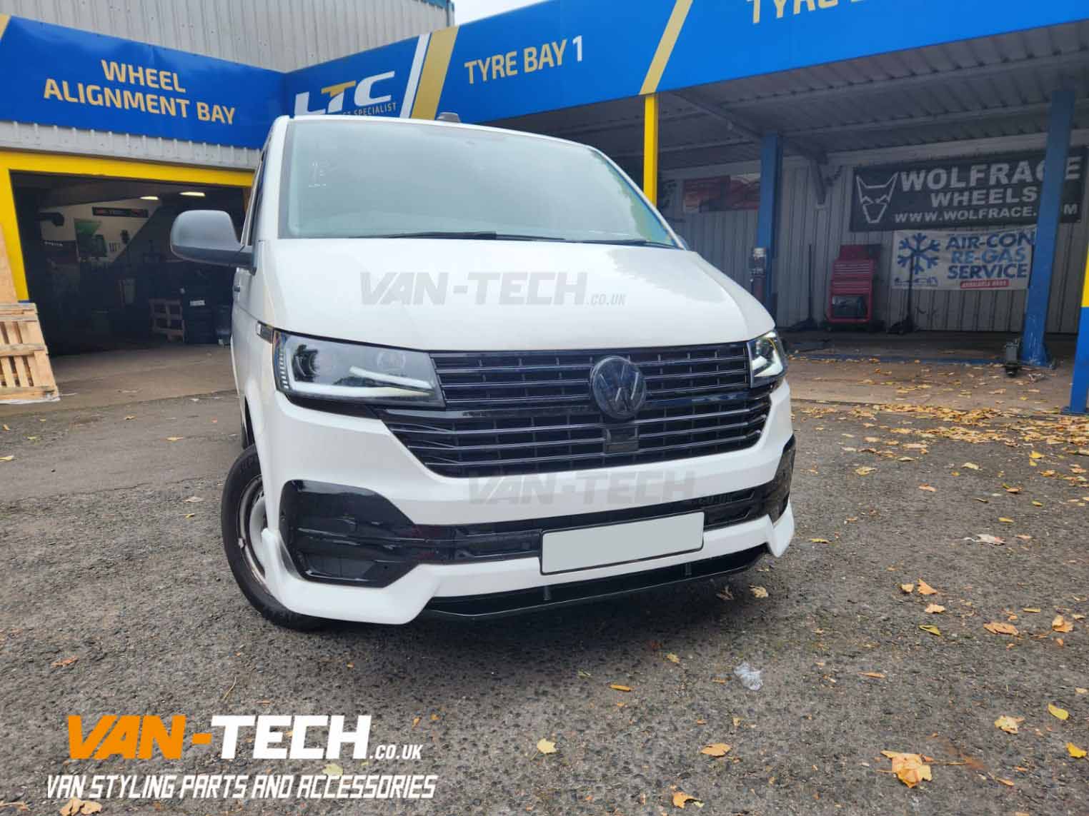 VW Transporter T6.1 Parts Headlights, Rear Spoiler, Front End Upgrade Kit - Gloss Black Grille, Middle Inserts and Lower Splitter