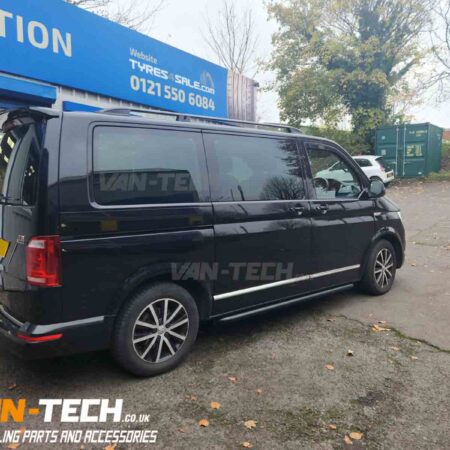 VW Transporter T6 Stainless Steel Sportline Style Side Bars, Wind Deflectors, Aluminium Roof Rails and Tailgate Spoiler