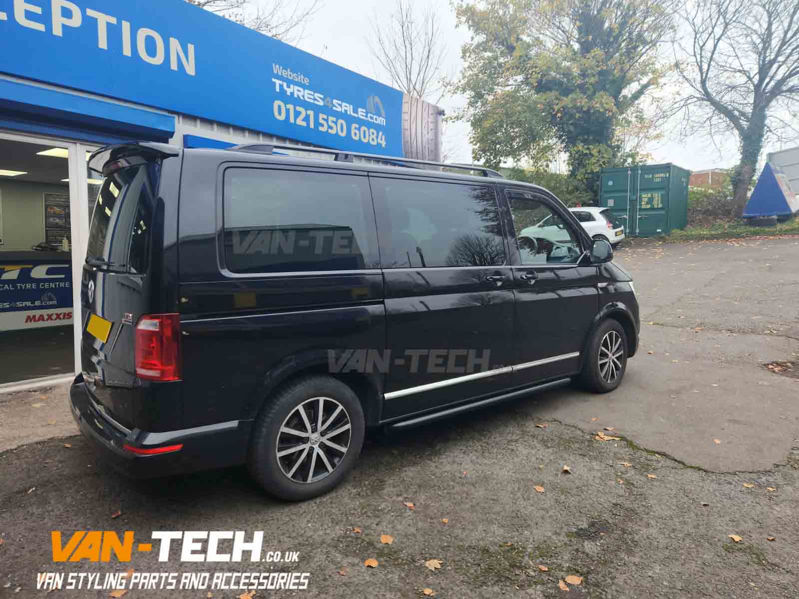 VW Transporter T6 Stainless Steel Sportline Style Side Bars, Wind Deflectors, Aluminium Roof Rails and Tailgate Spoiler