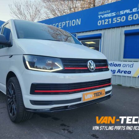 VW Transporter T6.1 Front End Upgrade Badged Grille Red Trim, Front Bumper, Lower Splitter, Middle Inserts, Headlights and Rear Spoiler