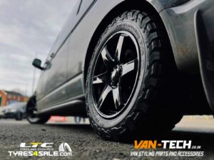 VW Transporter T6.1 Calibre X-Load Alloy Wheels 18″ Gloss black and a set of 255/55R18 All-Terrain T/A KO2 109R XL