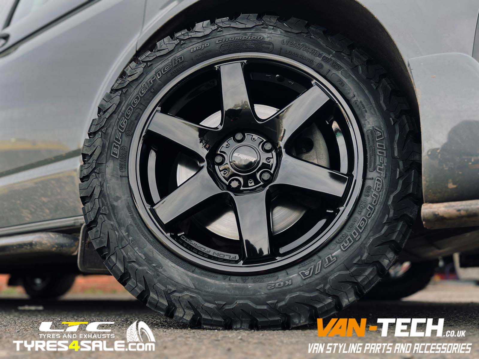 VW Transporter T6.1 Calibre X-Load Alloy Wheels 18″ Gloss black and a set of 255/55R18 All-Terrain T/A KO2 109R XL